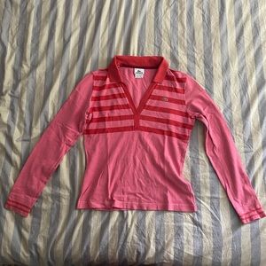 Lacoste Pink Stripe V Neck Polo Long Sleeve Top Size 40, Size 6/8